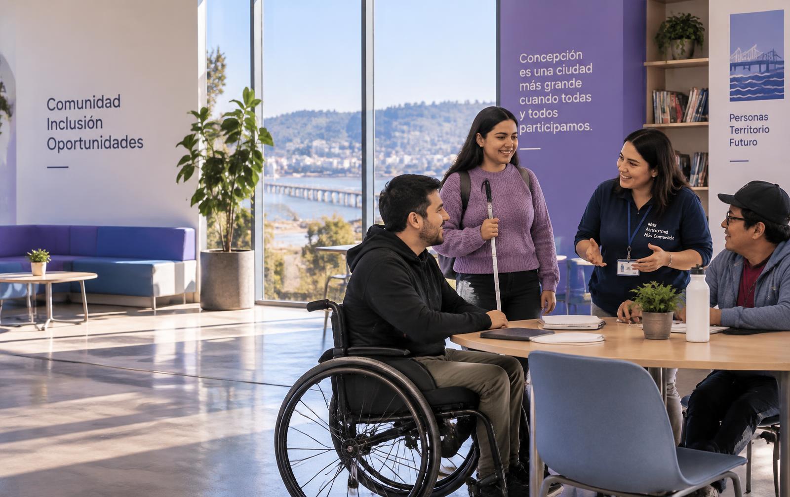 Equipo de INCLUMI conversando con tres personas en un espacio comunitario accesible e iluminado de Concepción; una de ellas usa silla de ruedas y otra usa bastón blanco.